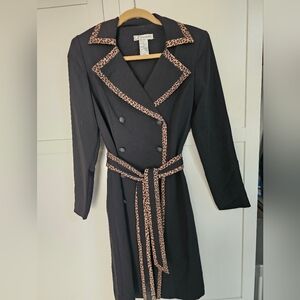 Vtg Dressbarn Black Coat Dress Size 6 Leopard Cheetah Trim Double Breasted EUC
